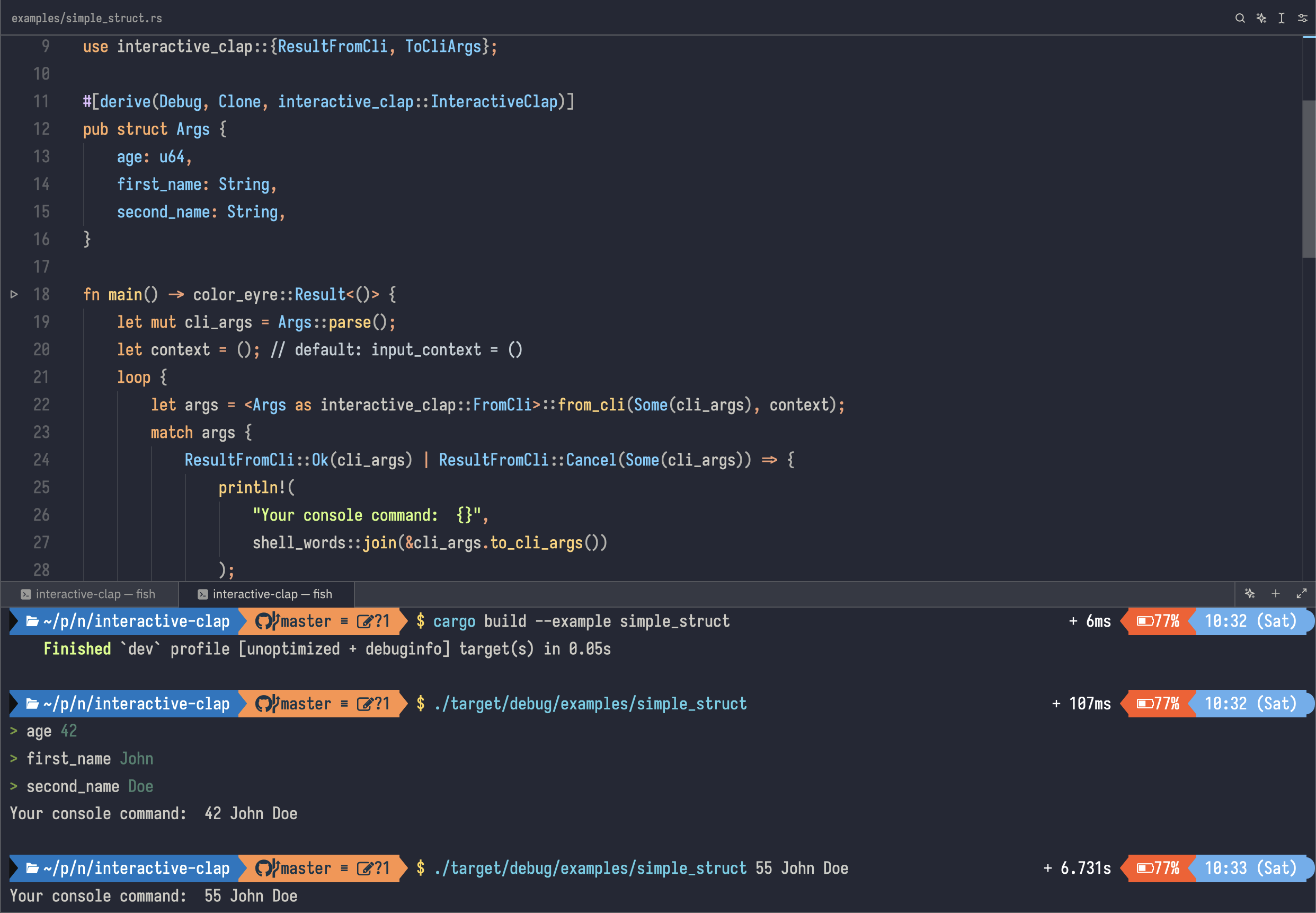 Usage example showing a simple struct annotated with interactive-clap