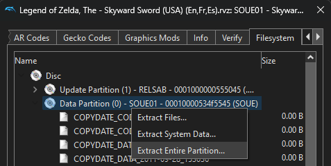 The Legend of Zelda: Skyward Sword's properties window in Dolphin with the "Filesystem" tab open. The entry named "Data Partition" is selected and the "right-click" context menu has been opened with the "Extract Entire Partition..." option highlighted.