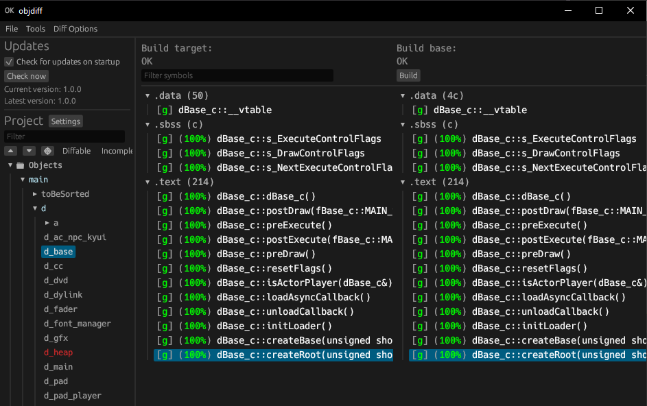 An example of the "objdiff" program showing the diff of the "d_base" file from this project.