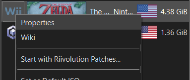 The Legend of Zelda: Skyward Sword is selected in the Dolphin Emulator. The "right-click" context menu has been opened and the "Properties" option is highlighted.