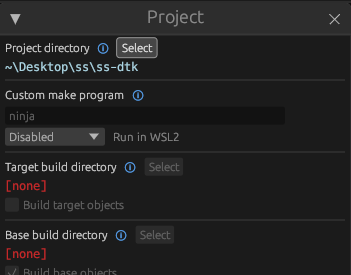 The top of the project settings window with the "Select" button highlighted next to the "Project directory" heading.