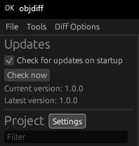 The top-right of the "objdiff" program with the "Settings" button highlighted next to the "Project" heading.