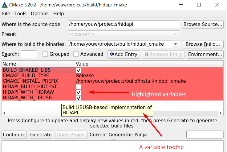 an example of highlighted variables in cmake-gui