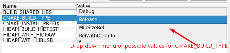 an example of drop-down menu in cmake-gui