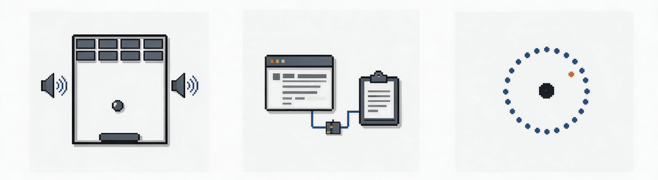 Illustrations of the DX-Ball sound-pan, Notion clipboard-bridge, and TH04 bullet-ring showcases